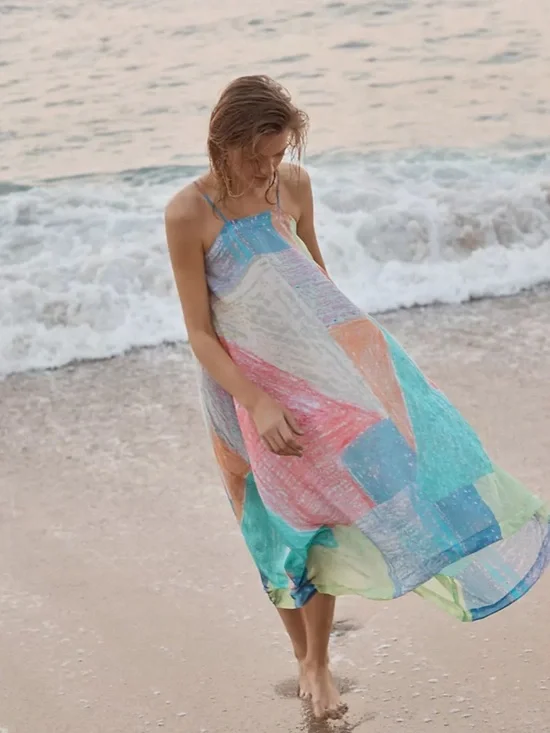 Anthropologie Lilka Annette Rainbow Handkerchief Watercolor Maxi Dress XS/S - Picture 1 of 6